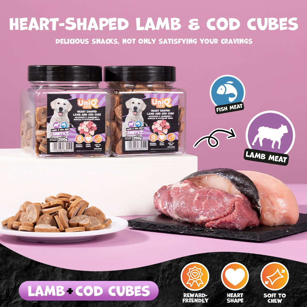 UNIQ PETS DOG SNACKS SNIFFY Heart Shaped Lamb+Cod Cube 200g Jar