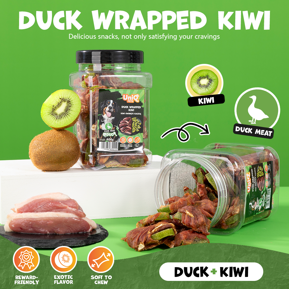 UNIQ PETS DOG SNACKS DUO Duck Wrapped Kiwi 400g Jar