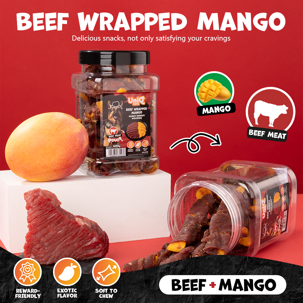UNIQ PETS DOG SNACKS DUO Beef Wrapped Mango 400g Jar