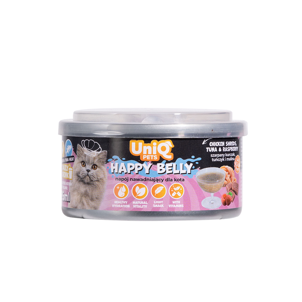 UNIQ PETS CAT WET DAILY DRINK HAPPY BELLY Chicken Shreds, Tuna & Raspberry 85ml