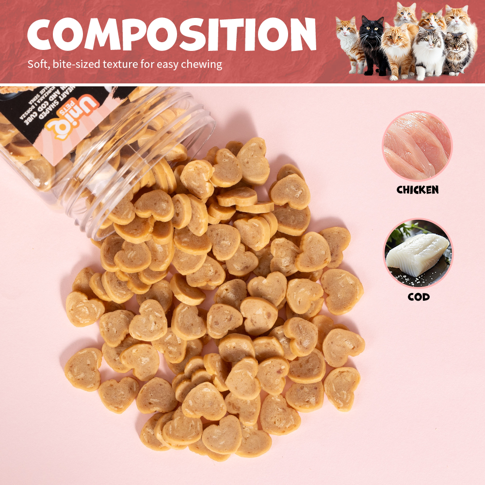 UNIQ PETS CAT SNACKS PURRY Heart Shaped Chicken+Cod Cube Jar 200g