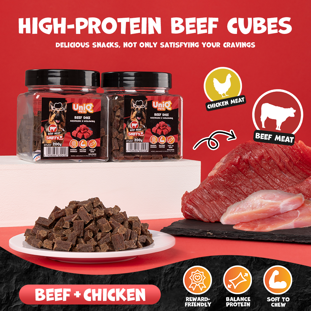 UNIQ PETS DOG SNACKS SNIFFY Beef Dice 200g Jar