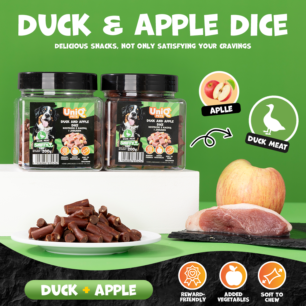 UNIQ PETS DOG SNACKS SNIFFY Duck+Apple Dice 200g Jar