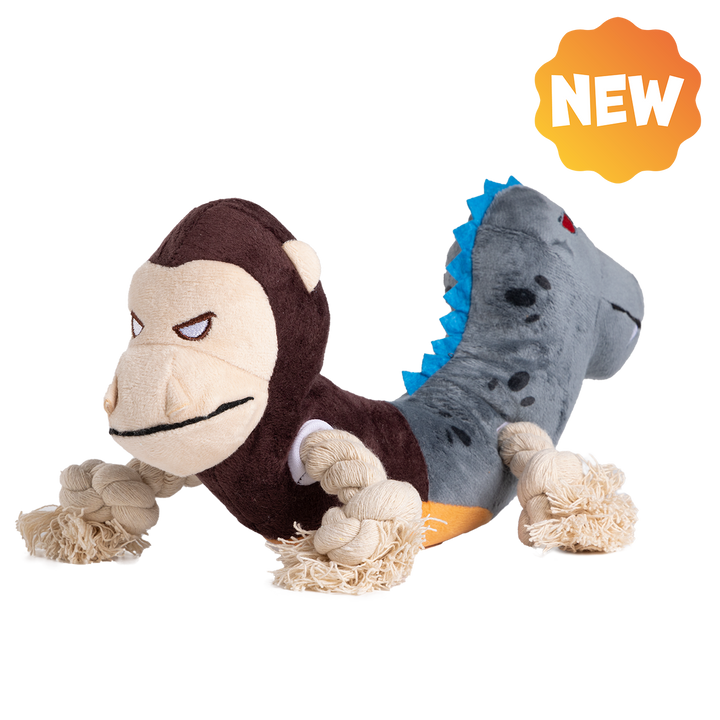 UNIQ PETS PLUSH DOG TOY FUNNY FRIENDS Monkey-Dino Tug Toy with a Squeaker