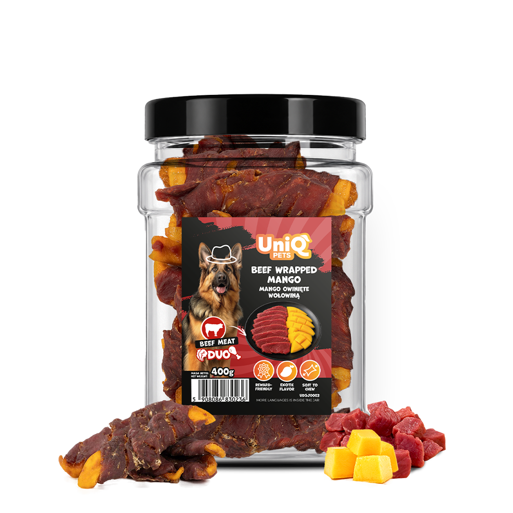 UNIQ PETS DOG SNACKS DUO Beef Wrapped Mango 400g Jar