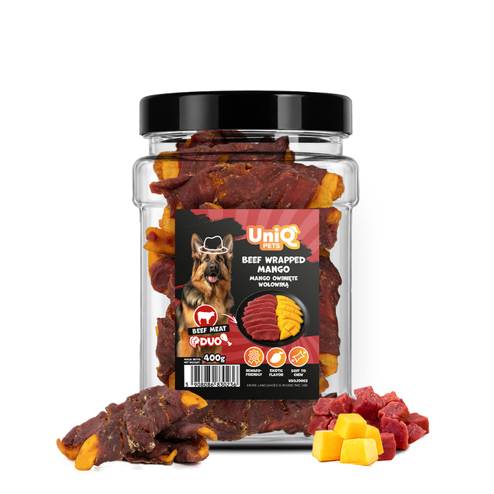 UNIQ PETS DOG SNACKS DUO Beef Wrapped Mango 400g Jar