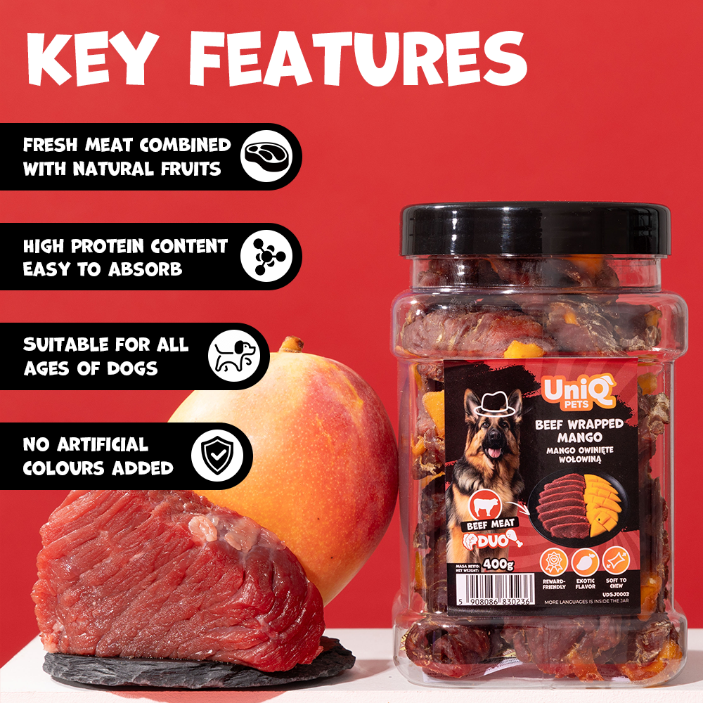 UNIQ PETS DOG SNACKS DUO Beef Wrapped Mango 400g Jar