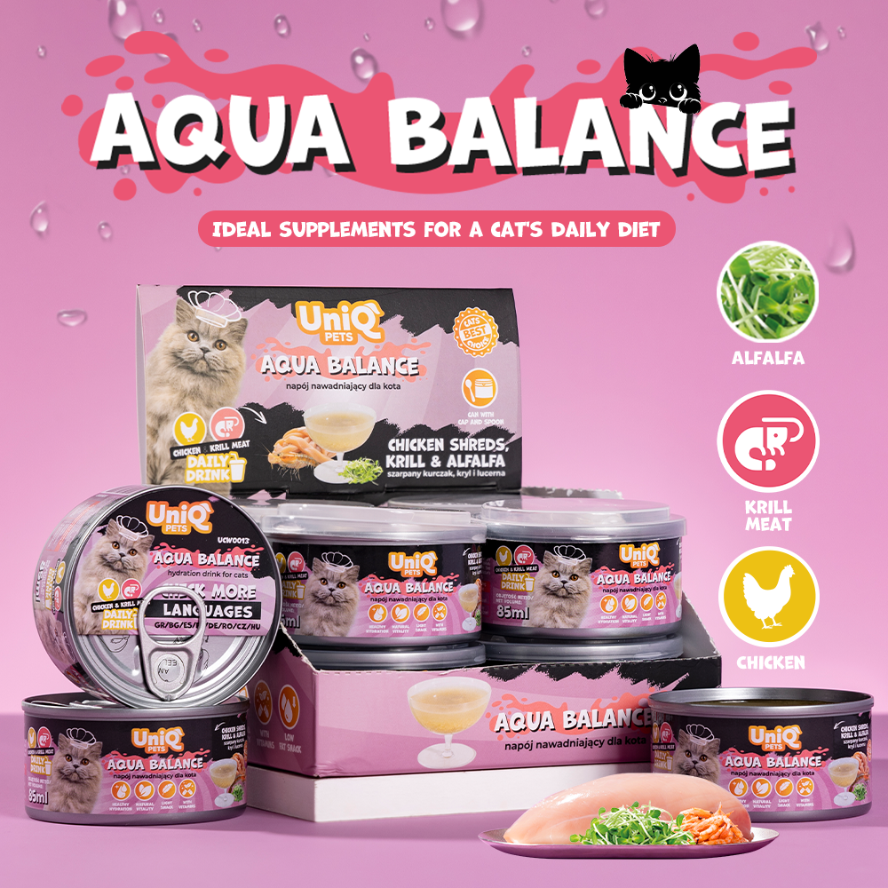UNIQ PETS CAT WET DAILY DRINK AQUA BALANCE Chicken Shreds, Krill & Alfalfa, 85ml