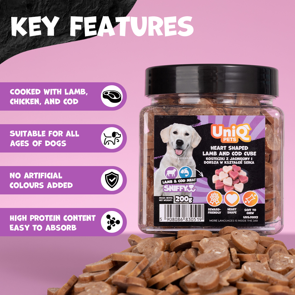 UNIQ PETS DOG SNACKS SNIFFY Heart Shaped Lamb+Cod Cube 200g Jar