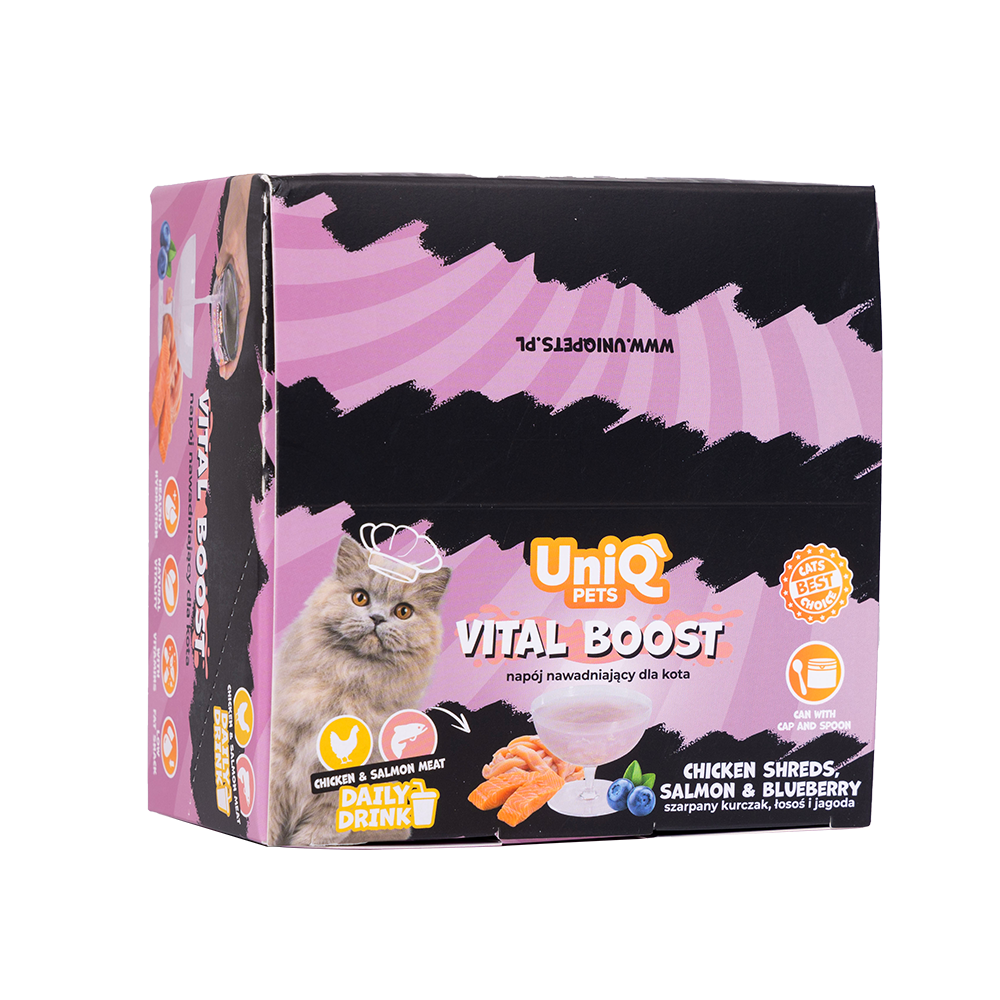 UNIQ PETS CAT WET DAILY DRINK VITAL BOOST Chicken Shreds, Salmon & Blueberry 85ml