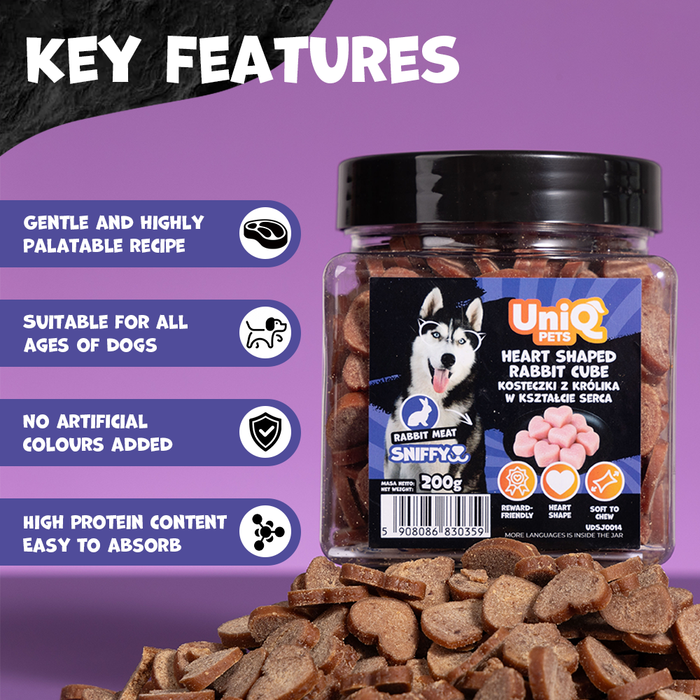 UNIQ PETS DOG SNACKS SNIFFY Heart Shaped Rabbit Cube 200g Jar