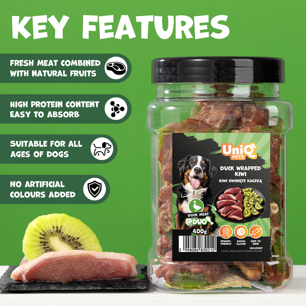 UNIQ PETS DOG SNACKS DUO Duck Wrapped Kiwi 400g Jar