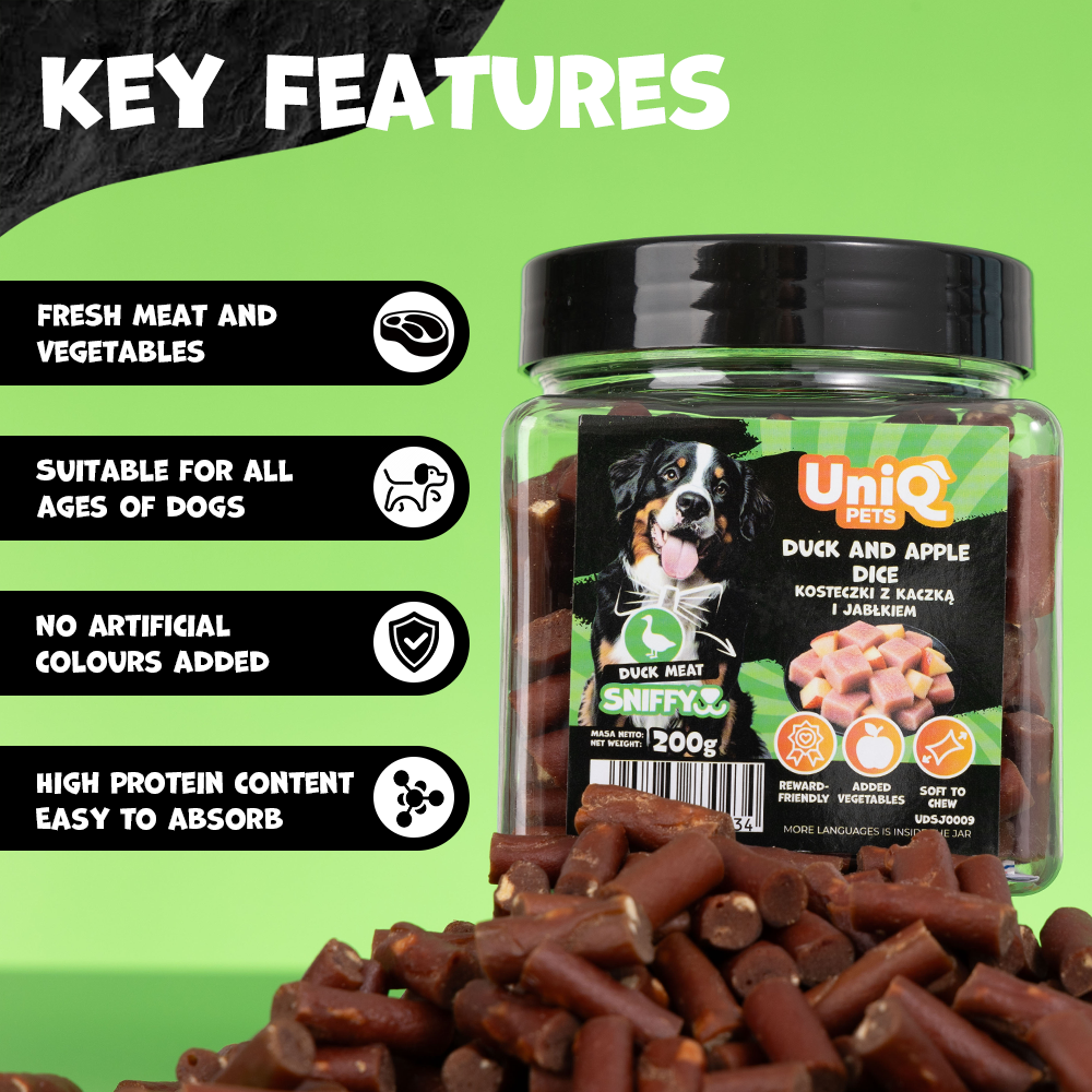 UNIQ PETS DOG SNACKS SNIFFY Duck+Apple Dice 200g Jar