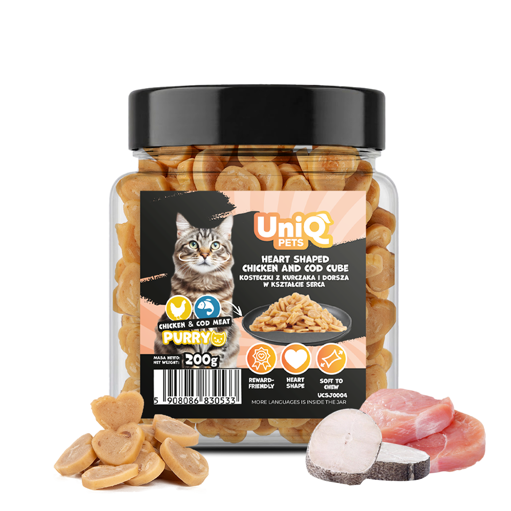 UNIQ PETS CAT SNACKS PURRY Heart Shaped Chicken+Cod Cube Jar 200g