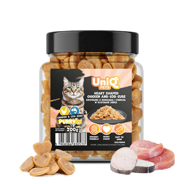 UNIQ PETS CAT SNACKS PURRY Heart Shaped Chicken+Cod Cube Jar 200g