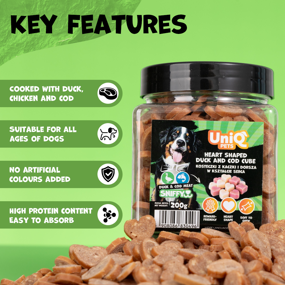 UNIQ PETS DOG SNACKS SNIFFY Heart Shaped Duck+Cod Cube 200g Jar