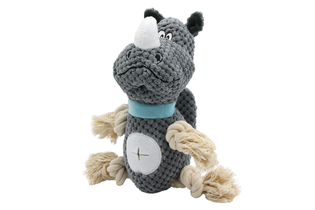 UNIQ PETS PLUSH DOG TOY SNIFFIES FRIENDS Rhinoceros with Ropes and Squeaker