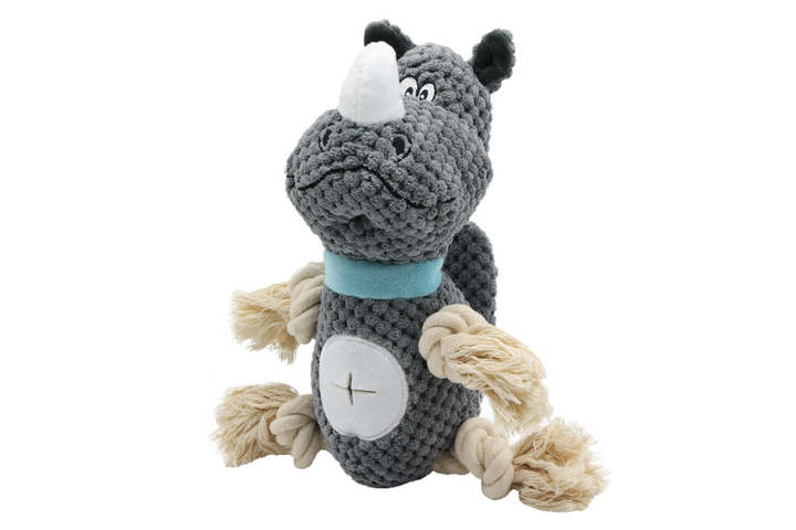 UNIQ PETS PLUSH DOG TOY SNIFFIES FRIENDS Rhinoceros with Ropes and Squeaker