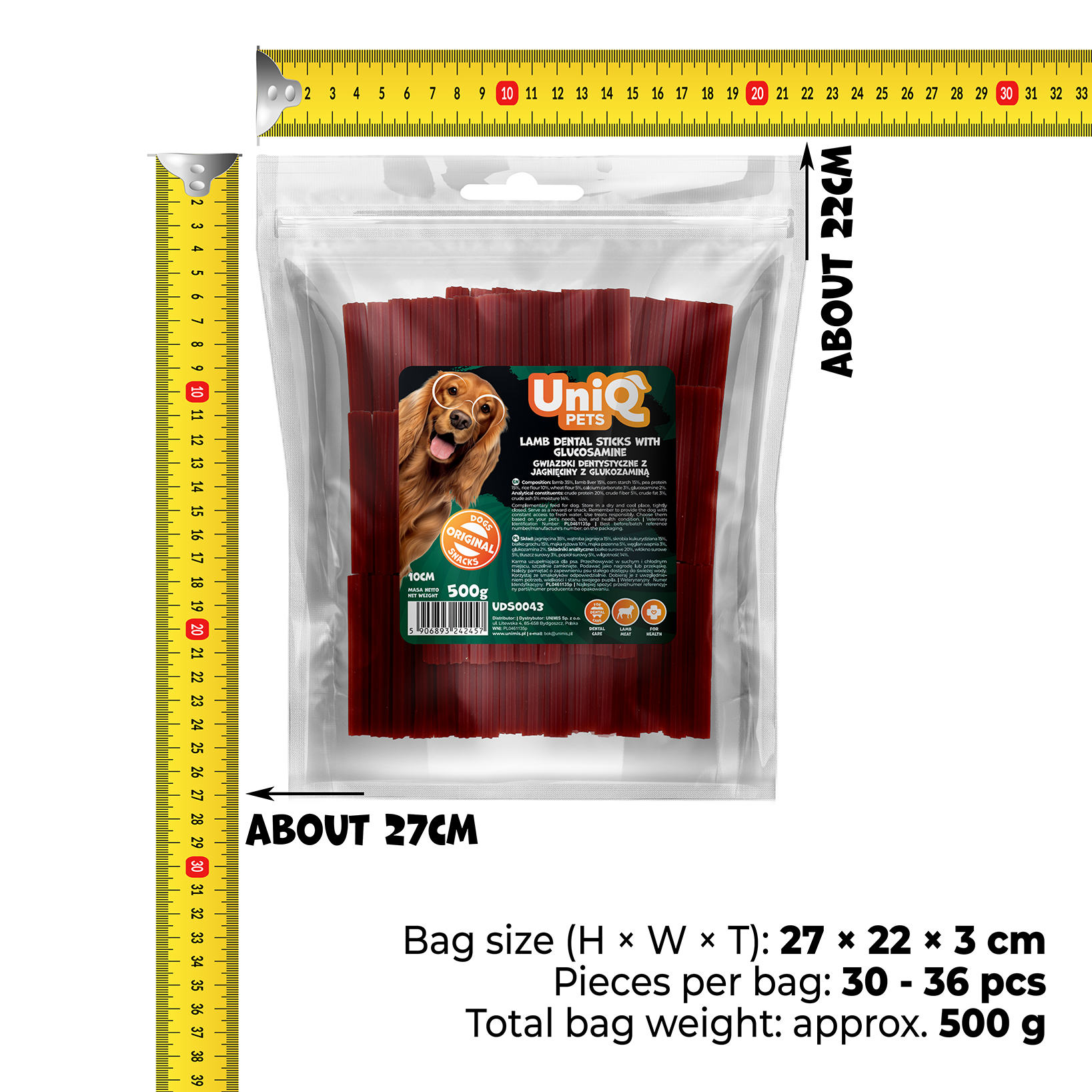 UNIQ PETS DOG SNACKS DENTAL Lamb Dental Sticks with Glucosamine 10cm 500g