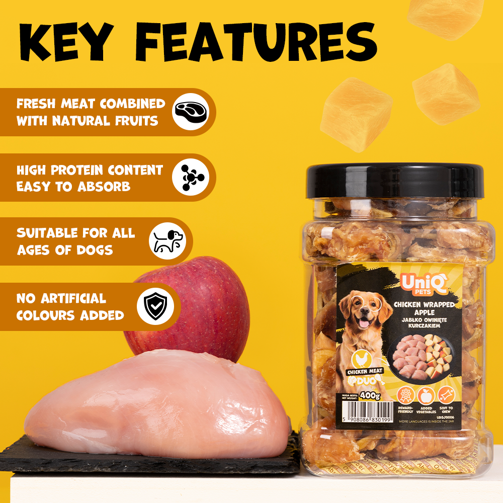 UNIQ PETS DOG SNACKS DUO Chicken Wrapped Apple 400g Jar