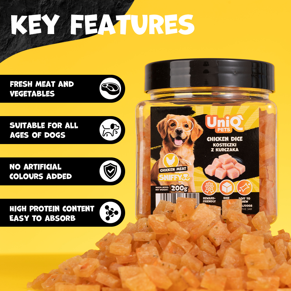 UNIQ PETS DOG SNACKS SNIFFY Chicken + Broccoli Dice 200g Jar