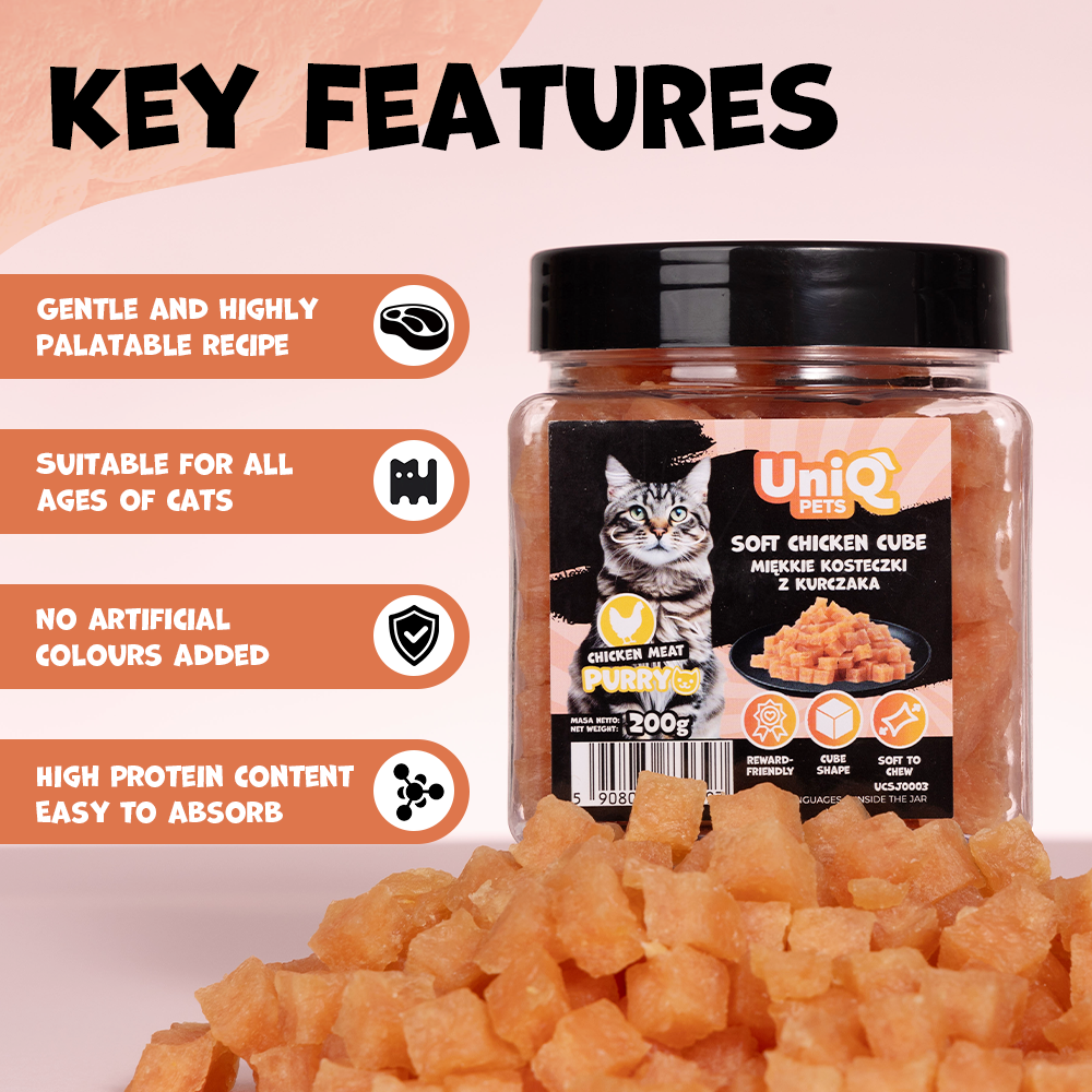 UNIQ PETS CAT SNACKS PURRY Soft Chicken Cube Jar 200g