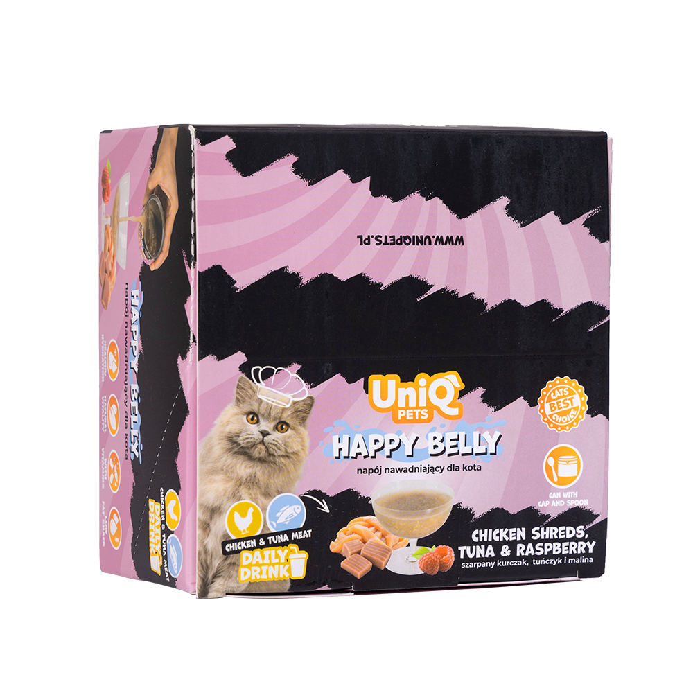 UNIQ PETS CAT WET DAILY DRINK HAPPY BELLY Chicken Shreds, Tuna & Raspberry 85ml