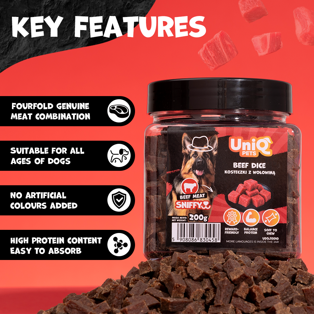 UNIQ PETS DOG SNACKS SNIFFY Beef Dice 200g Jar