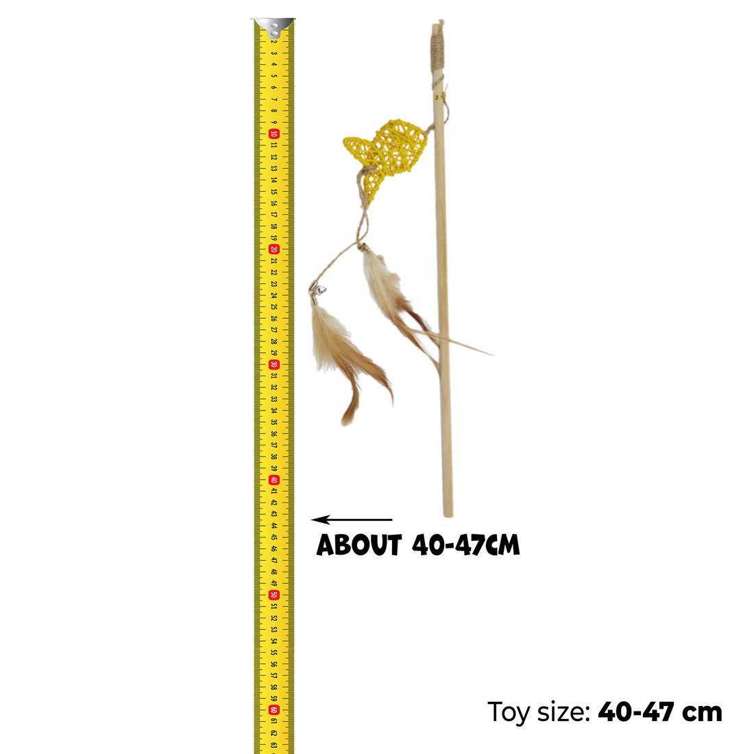 UNIQ PETS CAT TOY SWISHY Wooden Fishing Rod with Braided Fish and Feather 40-47cm (Random Colour)
