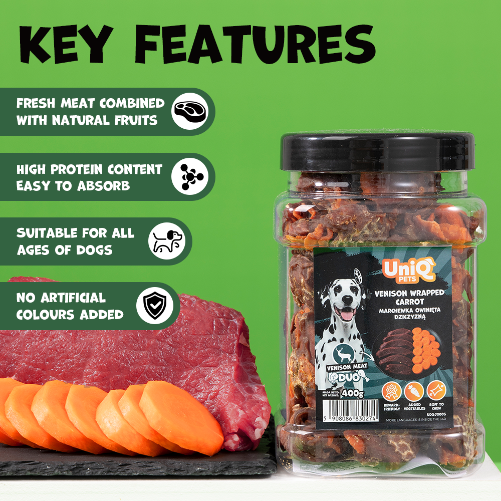 UNIQ PETS DOG SNACKS DUO Venison Wrapped Carrot 400g Jar