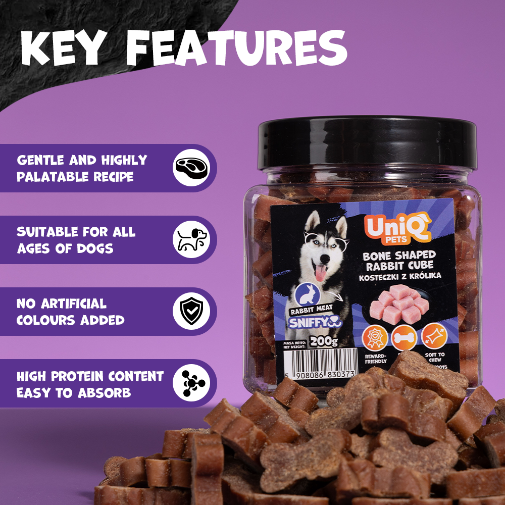 UNIQ PETS DOG SNACKS SNIFFY Bone Shaped Rabbit Cube 200g Jar