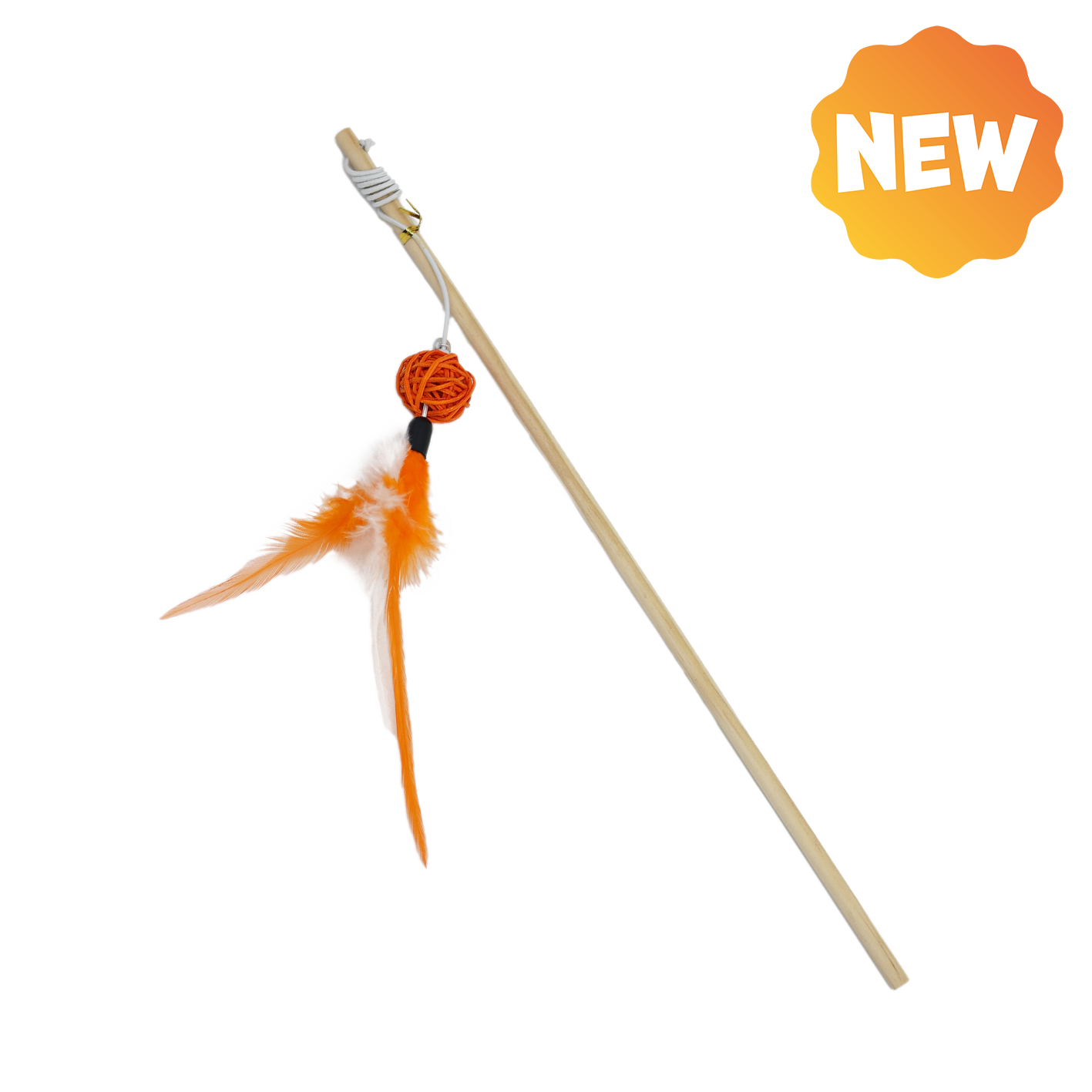 UNIQ PETS CAT TOY SWISHY Wooden Fishing Rod with Braided Ball and Feather 40-43cm (Random Colour)