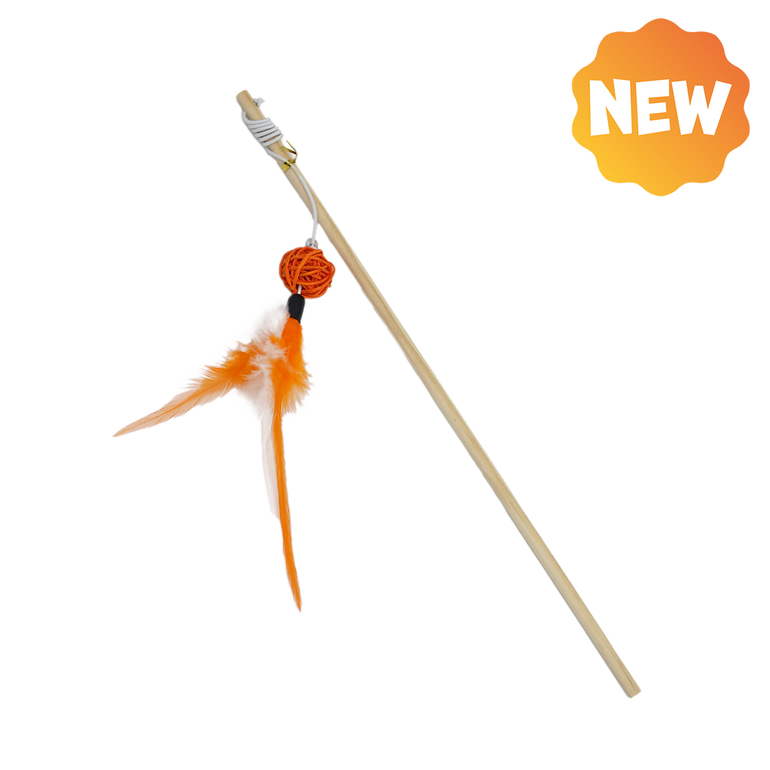UNIQ PETS CAT TOY SWISHY Wooden Fishing Rod with Braided Ball and Feather 40-43cm (Random Colour)
