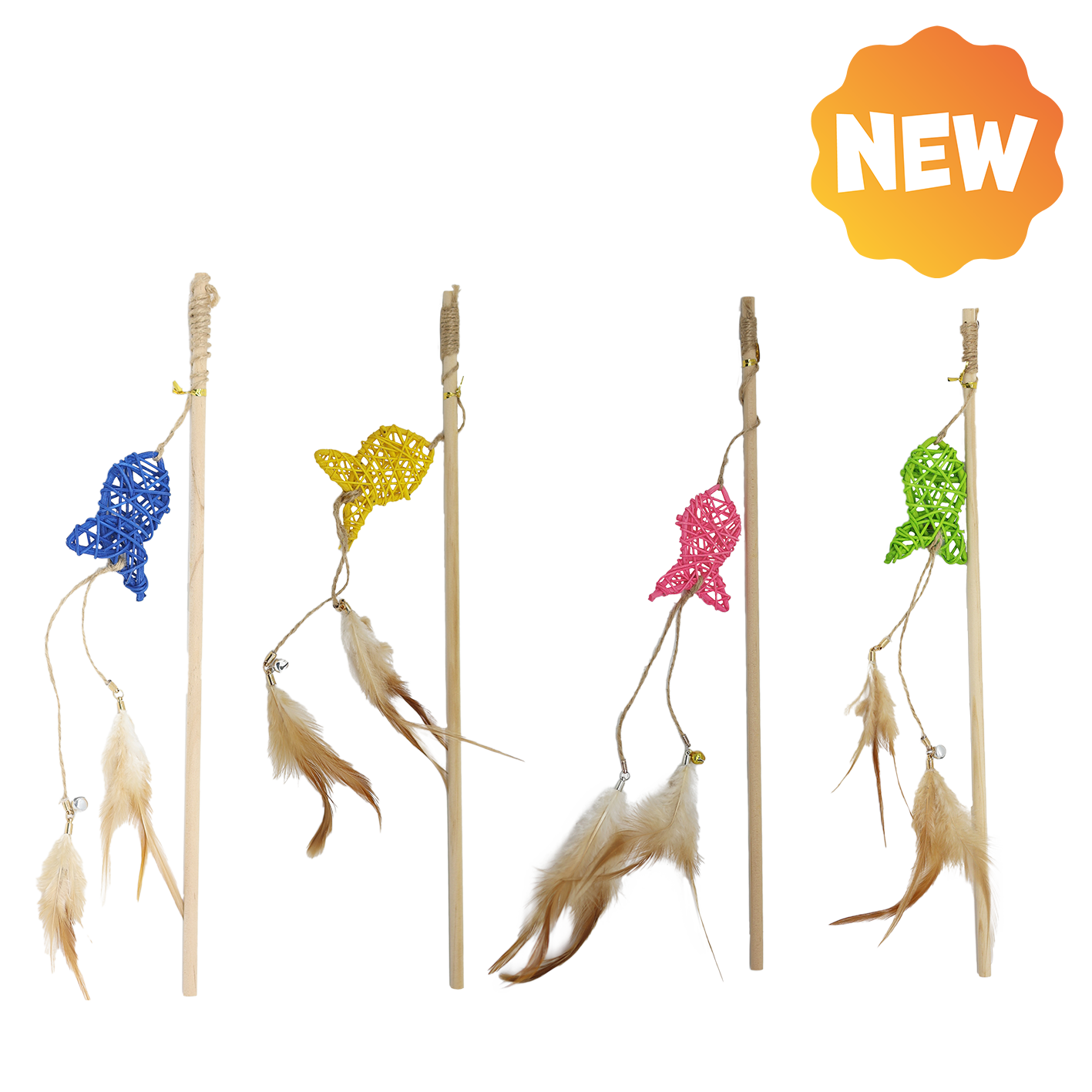 UNIQ PETS CAT TOY SWISHY Wooden Fishing Rod with Braided Fish and Feather 40-47cm (Random Colour)