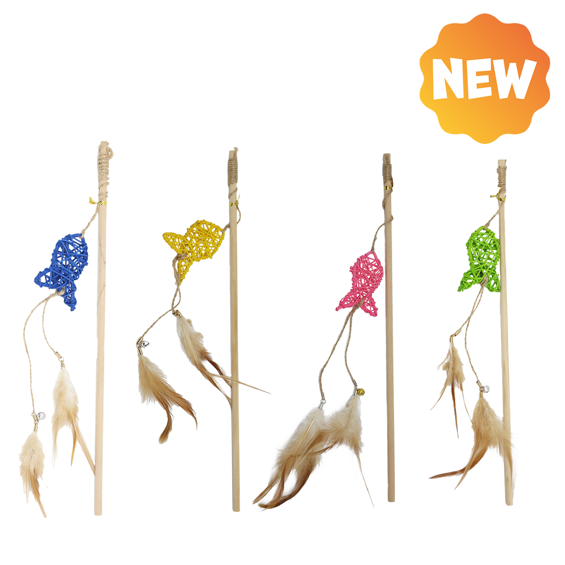 UNIQ PETS CAT TOY SWISHY Wooden Fishing Rod with Braided Fish and Feather 40-47cm (Random Colour)