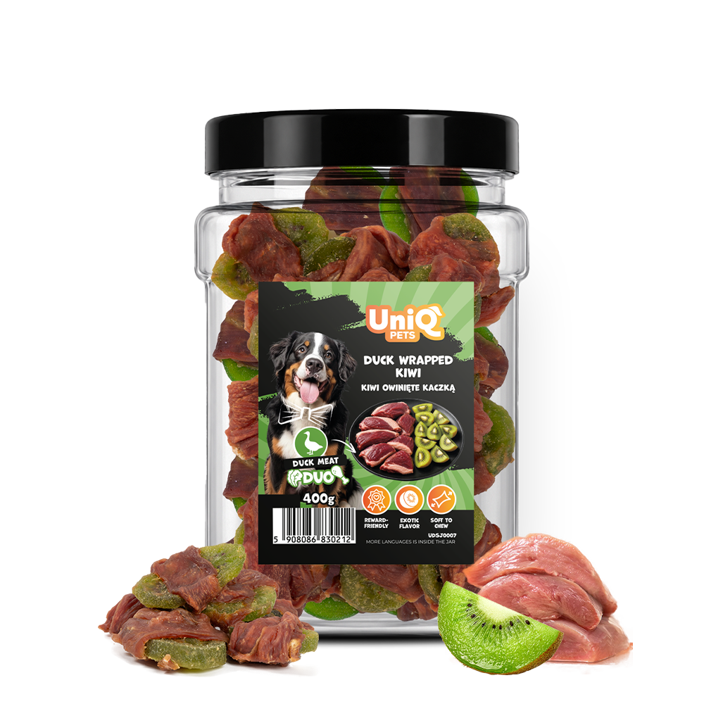UNIQ PETS DOG SNACKS DUO Duck Wrapped Kiwi 400g Jar