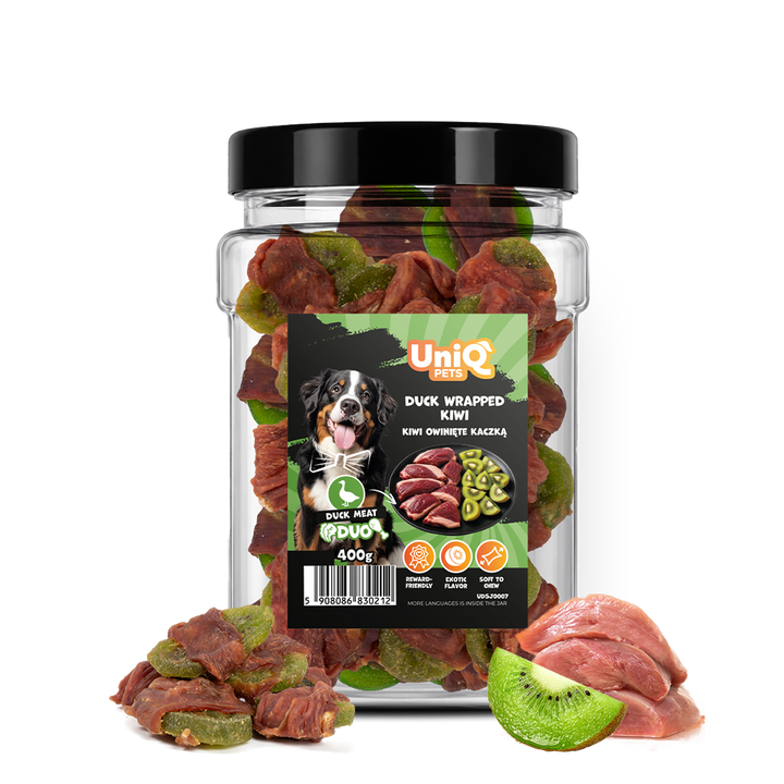 UNIQ PETS DOG SNACKS DUO Duck Wrapped Kiwi 400g Jar