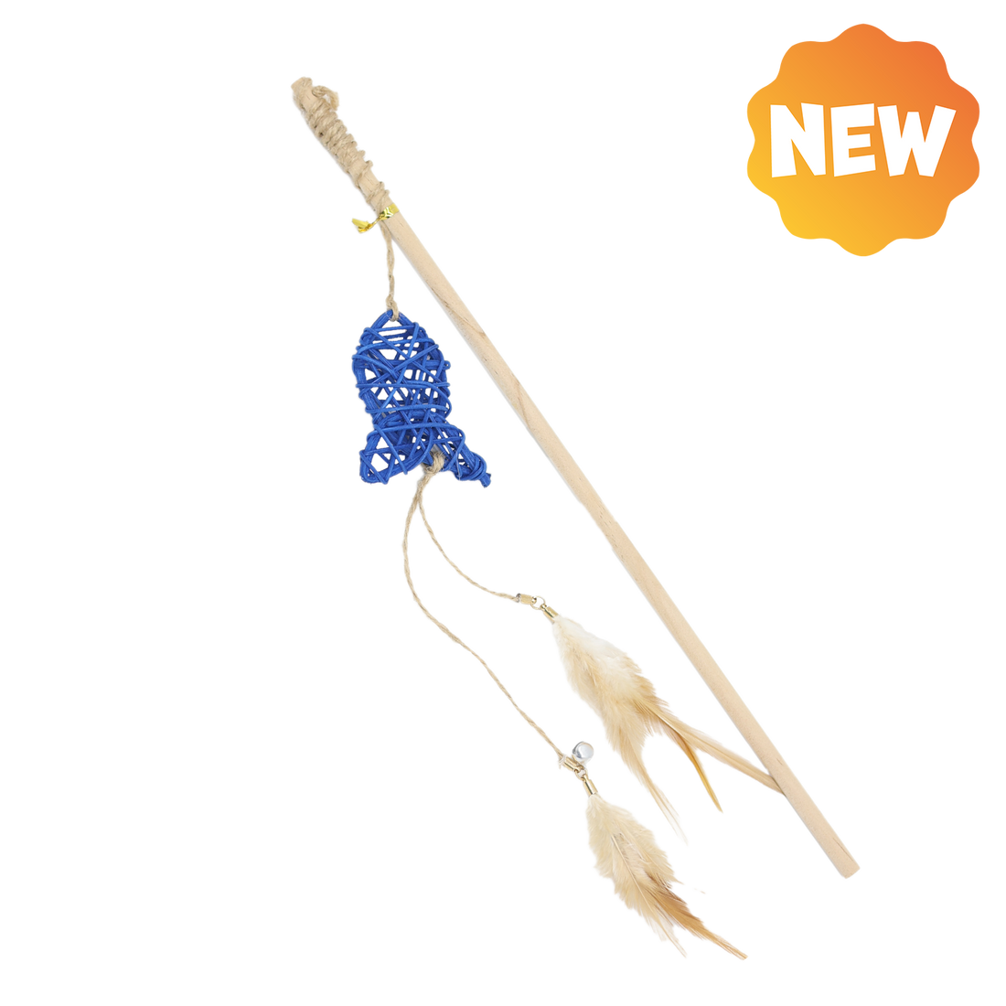 UNIQ PETS CAT TOY SWISHY Wooden Fishing Rod with Braided Fish and Feather 40-47cm (Random Colour)
