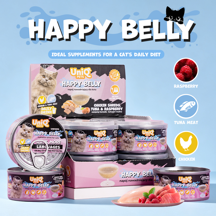 UNIQ PETS CAT WET DAILY DRINK HAPPY BELLY Chicken Shreds, Tuna & Raspberry 85ml