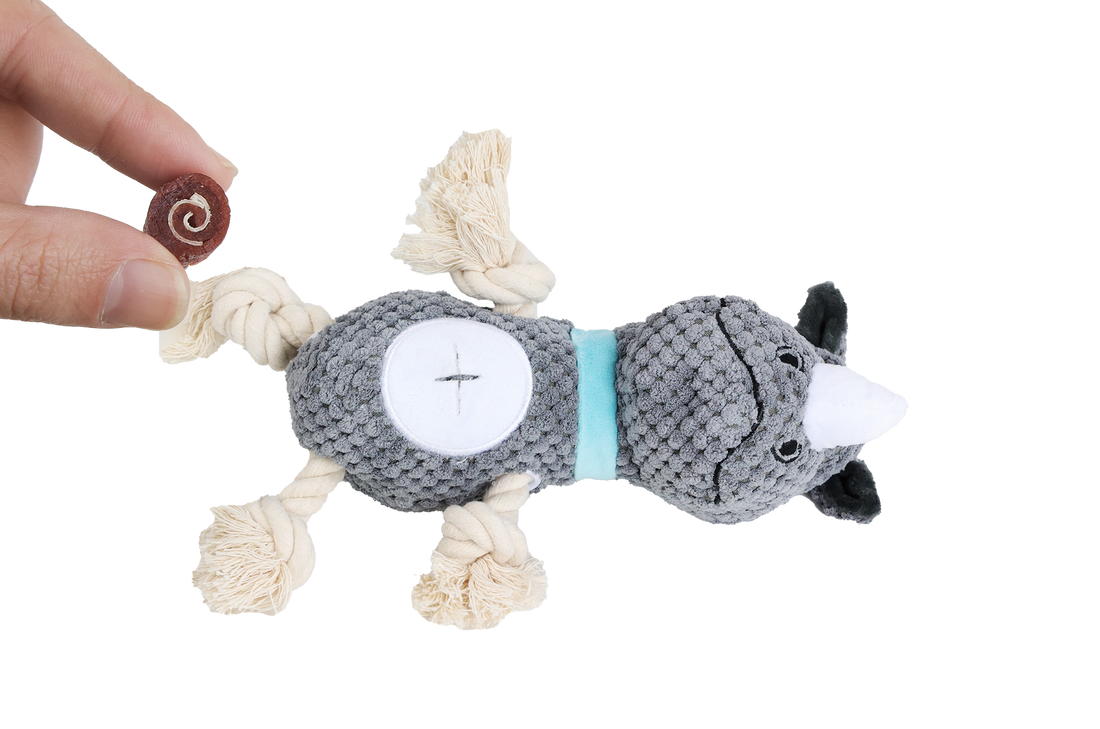 UNIQ PETS PLUSH DOG TOY SNIFFIES FRIENDS Rhinoceros with Ropes and Squeaker