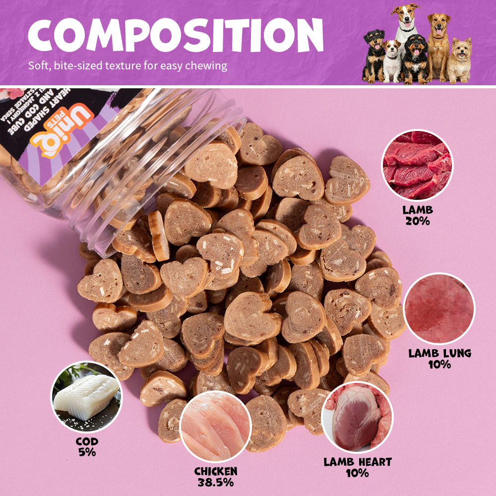 UNIQ PETS DOG SNACKS SNIFFY Heart Shaped Lamb+Cod Cube 200g Jar