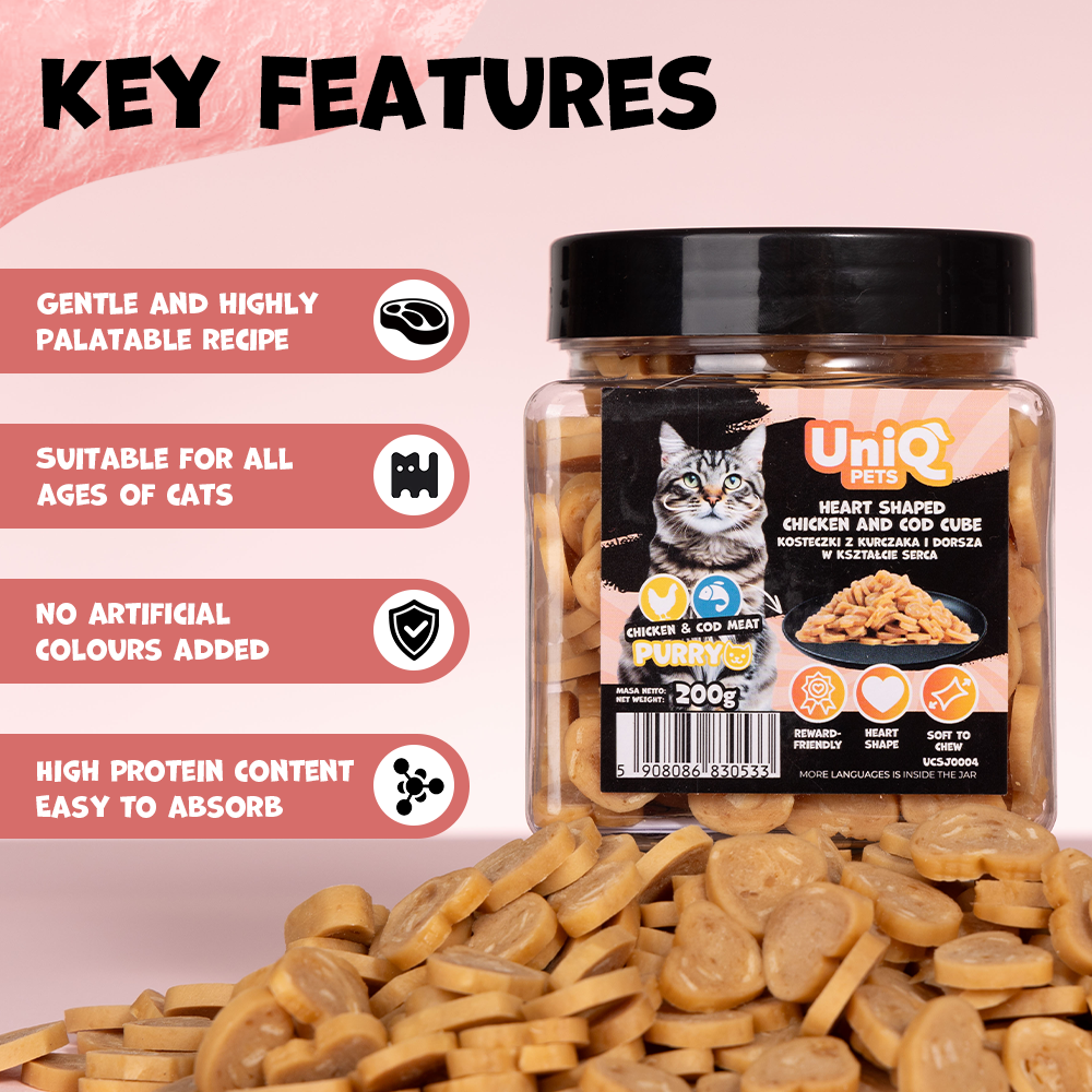 UNIQ PETS CAT SNACKS PURRY Heart Shaped Chicken+Cod Cube Jar 200g