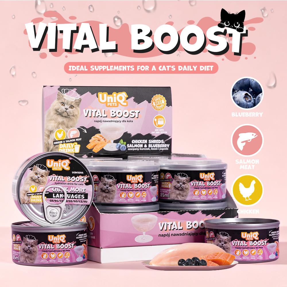UNIQ PETS CAT WET DAILY DRINK VITAL BOOST Chicken Shreds, Salmon & Blueberry 85ml