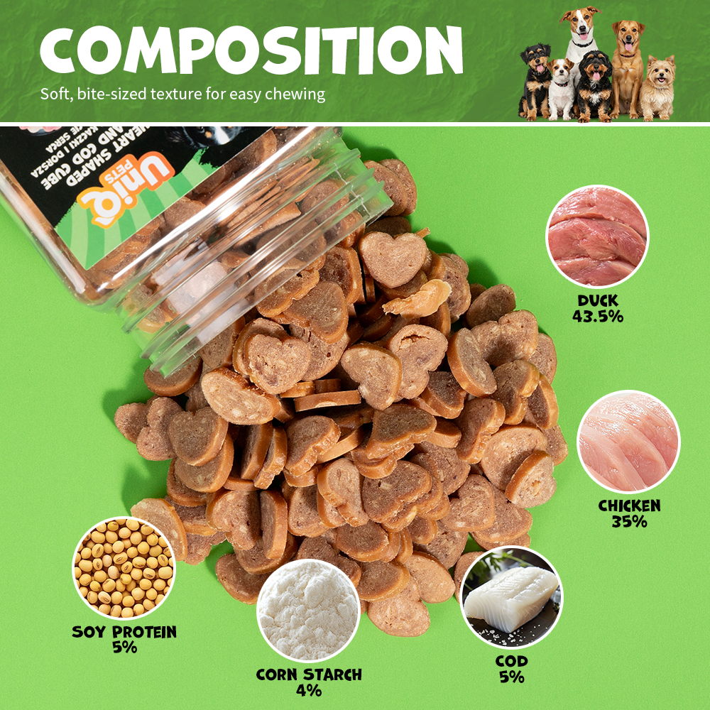 UNIQ PETS DOG SNACKS SNIFFY Heart Shaped Duck+Cod Cube 200g Jar