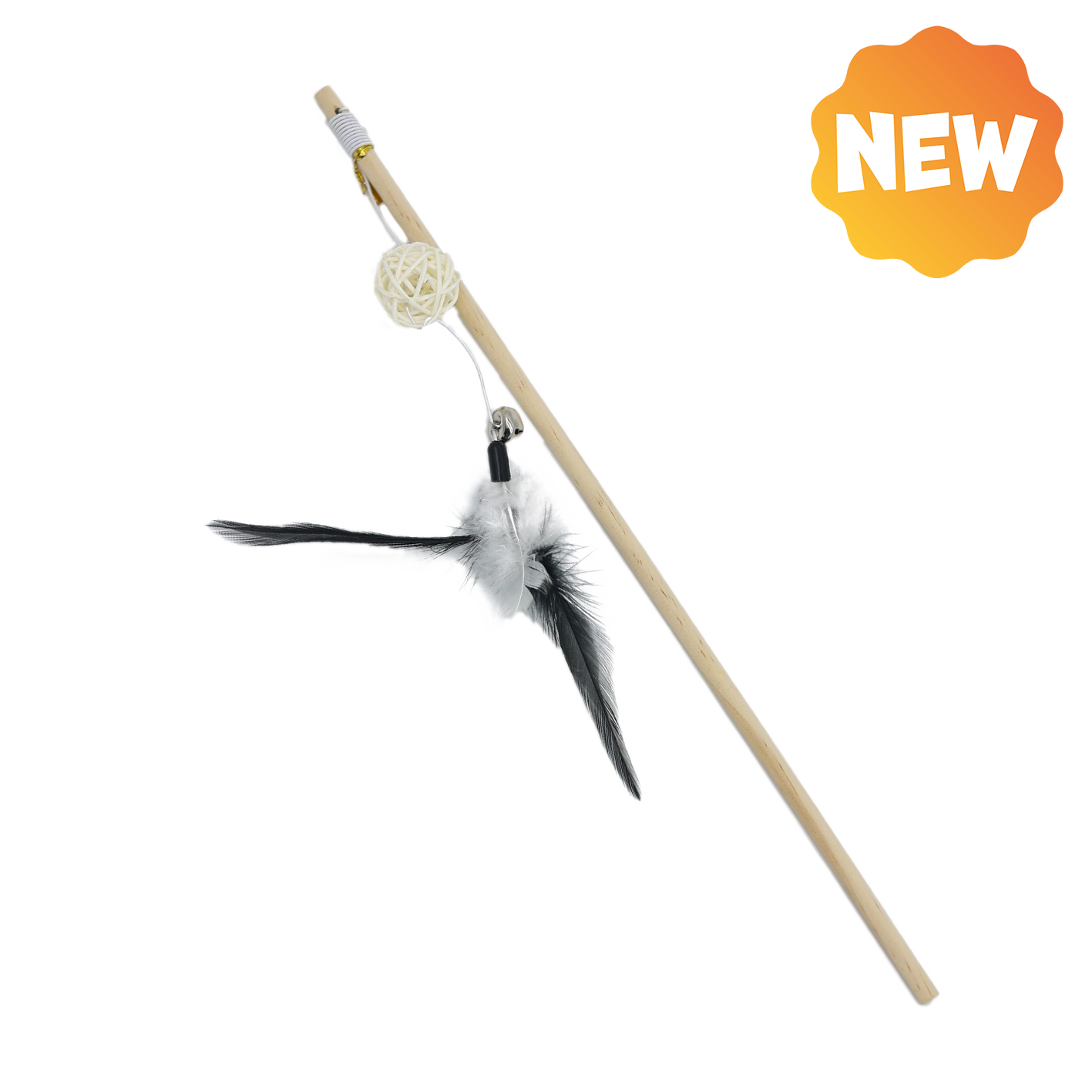UNIQ PETS CAT TOY SWISHY Wooden Fishing Rod with Braided Ball and Feather 40-43cm (Random Colour)