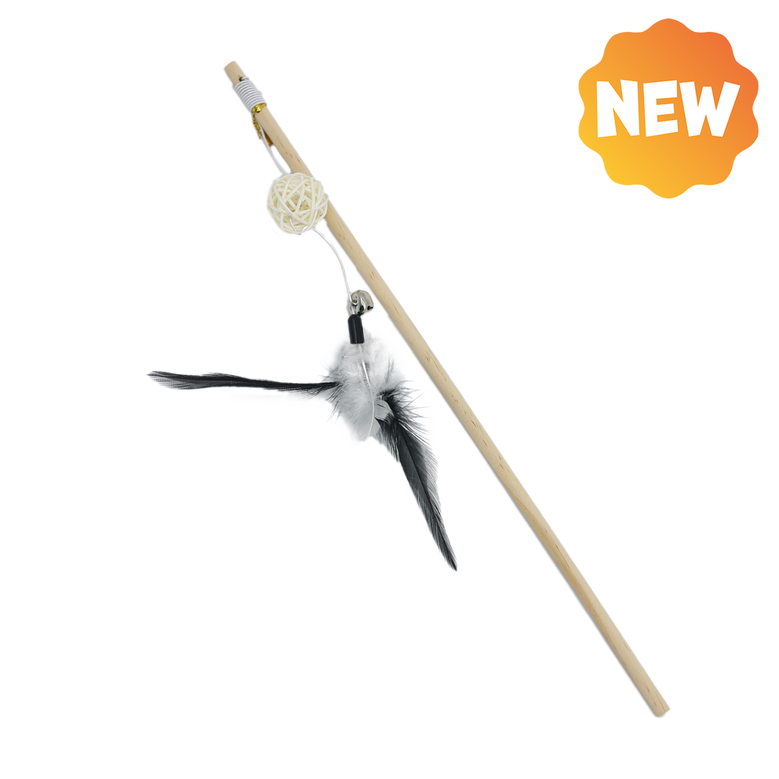UNIQ PETS CAT TOY SWISHY Wooden Fishing Rod with Braided Ball and Feather 40-43cm (Random Colour)