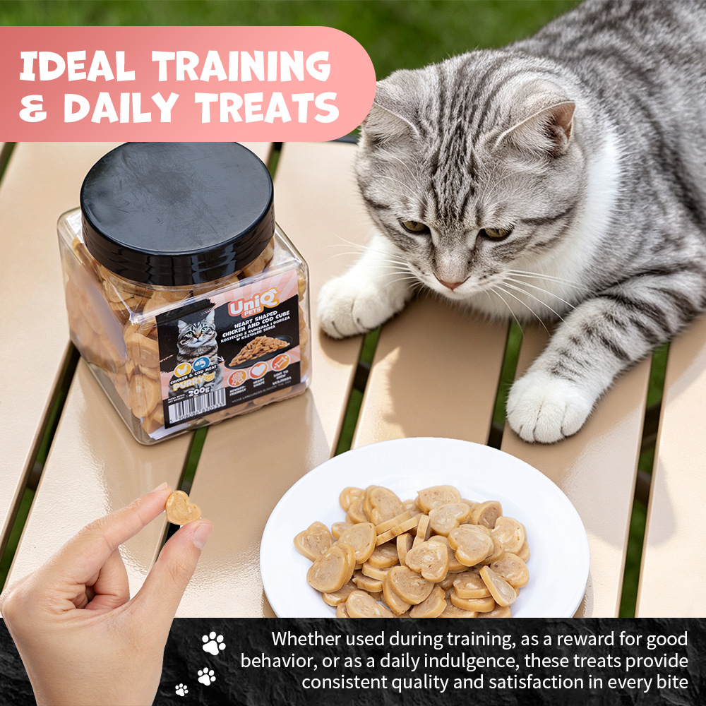 UNIQ PETS CAT SNACKS PURRY Heart Shaped Chicken+Cod Cube Jar 200g