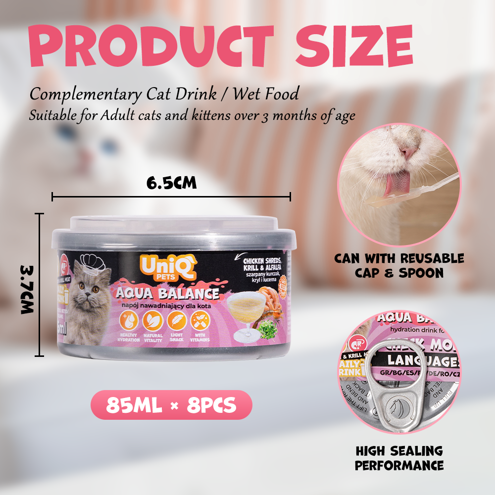 UNIQ PETS CAT WET DAILY DRINK AQUA BALANCE Chicken Shreds, Krill & Alfalfa, 85ml