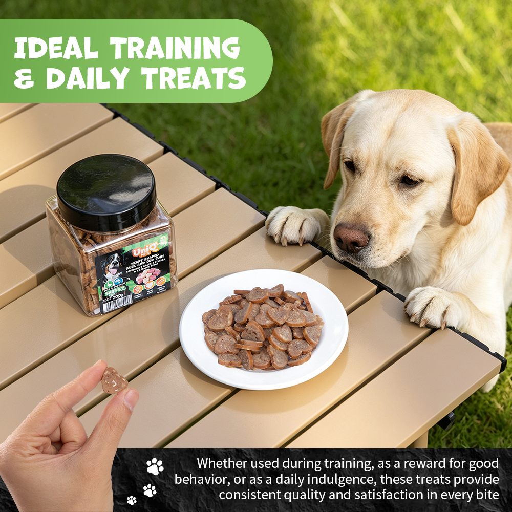 UNIQ PETS DOG SNACKS SNIFFY Heart Shaped Duck+Cod Cube 200g Jar