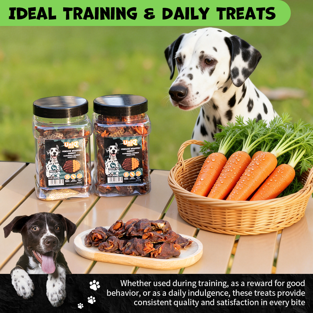 UNIQ PETS DOG SNACKS DUO Venison Wrapped Carrot 400g Jar